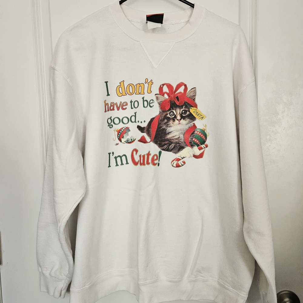 Hanes Cat Holiday Sweatshirt - White and Red